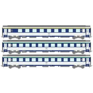 [HO] : Set de 3 voitures Corail VU Couchettes (A9c9x / 2 x B10c10x) bleu TEN et blanc avec logo encadré, Ep. IV, SNCF - REE JM029