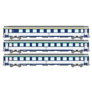 [HO] : Set de 3 voitures Corail VU Couchettes (A9c9x / 2 x B10c10x) bleu TEN et blanc avec logo encadré, Ep. IV-V, SNCF - REE JM033