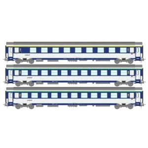 [HO] : Set de 3 voitures Corail VU Couchettes (A9c9x / 2 x B10c10x) bleu TEN et blanc avec logo nouille, Ep. IV-V, SNCF - REE JM037