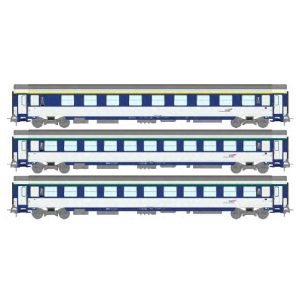 [HO] : Set de 3 voitures Corail VU Couchettes (A9c9x / 2 x B10c10x) bleu TEN et blanc avec logo casquette, Ep. V-VI, SNCF - REE JM041