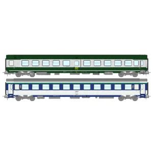 [HO] : Set de 2 voitures "Ambulance SO" vert garrigue et gris béton et Corail (B10c10x) bleu TEN et blanc, Ep. IV, SNCF - REE JM046