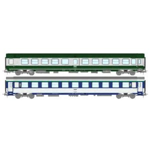 [HO] : Set de 2 voitures "Ambulance SO" vert garrigue et gris béton et Corail (B10c10x) bleu TEN et blanc, Ep. IV-V, SNCF - REE JM048