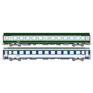 [HO] : Set de 2 voitures "Ambulance SO" vert garrigue et gris béton et Corail (B10c10x) bleu TEN et blanc, Ep. IV-V, SNCF - REE JM050