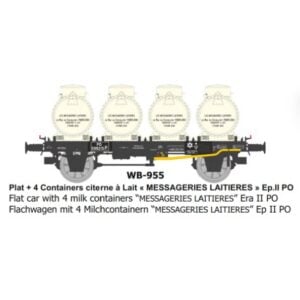 [HO] : Wagon plat + 4 containers citerne à Lait « MESSAGERIES LAITIERES », PO, Ep. II - REE WB955