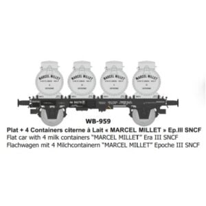[HO] : Wagon plat + 4 containers citerne à Lait « Marcel Millet », SNCF, Ep. III - REE WB959